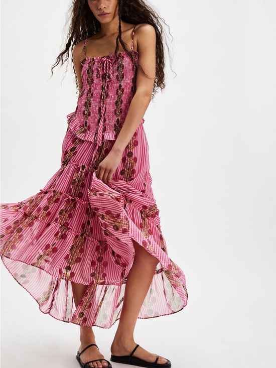 Free People Dresses & Skirts - Free People Pink Striped Floral Asymmetrical Maxi Dress